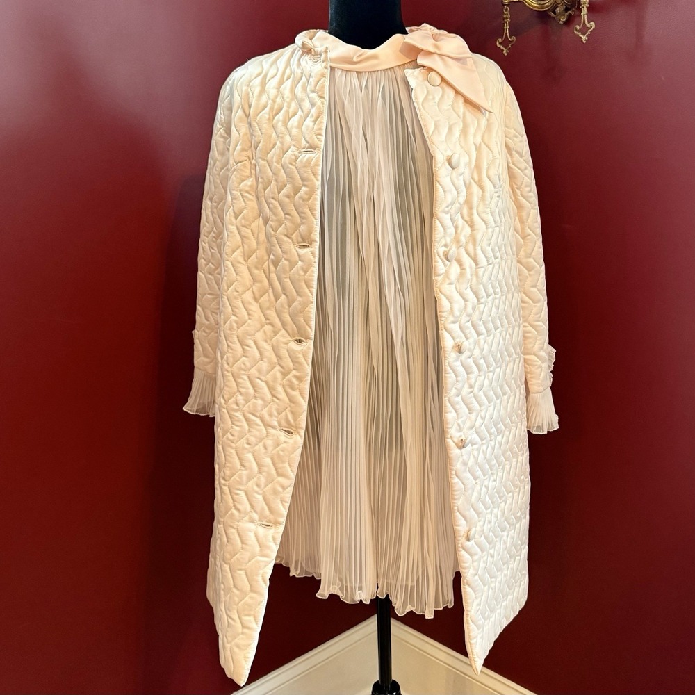VTG 60s MCM Eyeful By The Flaums UNION Pink Chiffon Bow Nightgown & Quilted Robe